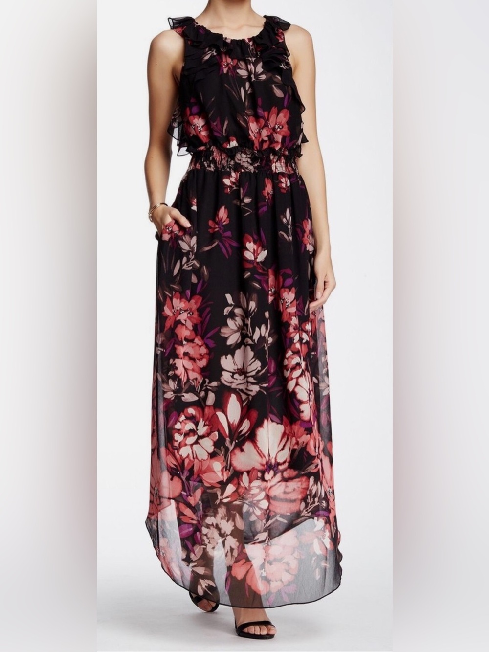 Adrianna Papell Printed Ruffle Trim Maxi Dress Gown.